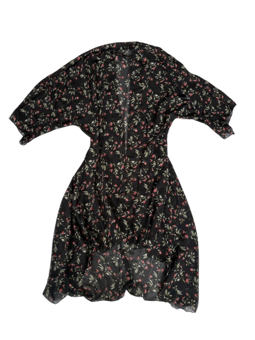 Sheer Black Chiffon Rose Floral Print Open Front Long Kimono Style Cardigan OS